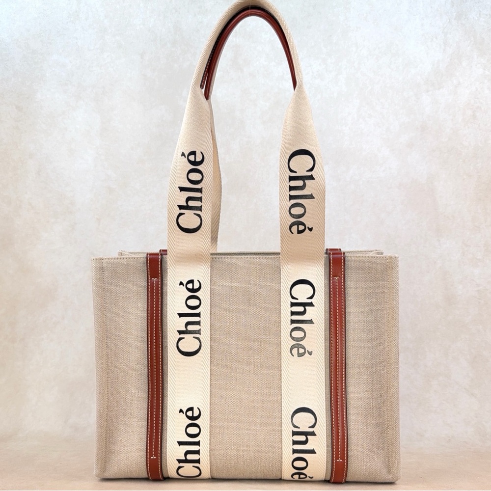 Chloé Woody Medium Tote Beige Linen Canvas Logo Strap Brown Leather Trim - Picture 3 of 17